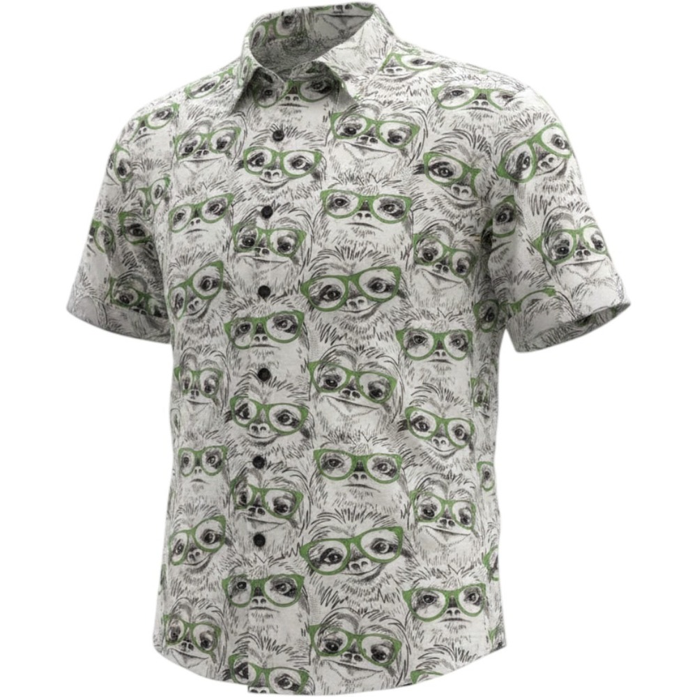 Baja Llama Mens Sloth Print Short Sleeve Button Down Shirt White Green Large